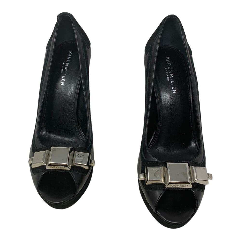 Karen Millen Black Leather Peep Toes Wedge Shoes size 39 - 8